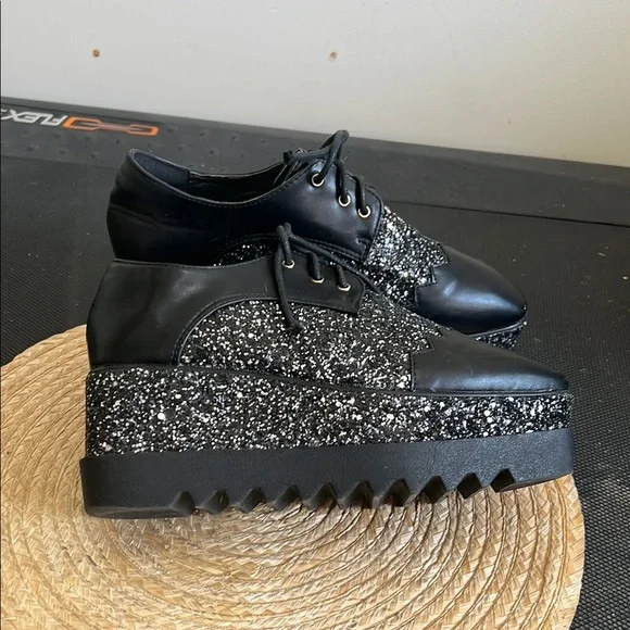 Black Glitter Platform Oxford  Funky Shoes Size 38 - Picture 6 of 14